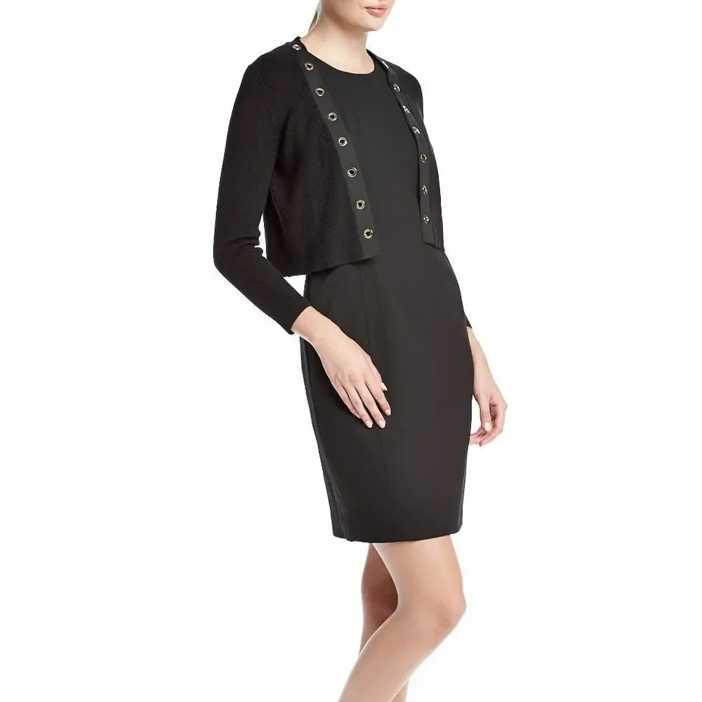 New! CALVIN KLEIN Women's Grommet Black Cropped Cardigan Shrug Sweater